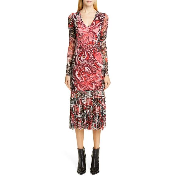 FUZZI Mystical Print Long Sleeve Midi Dress Ruby Red V-Neck Mesh Y2K 90s Sz S - Picture 1 of 11